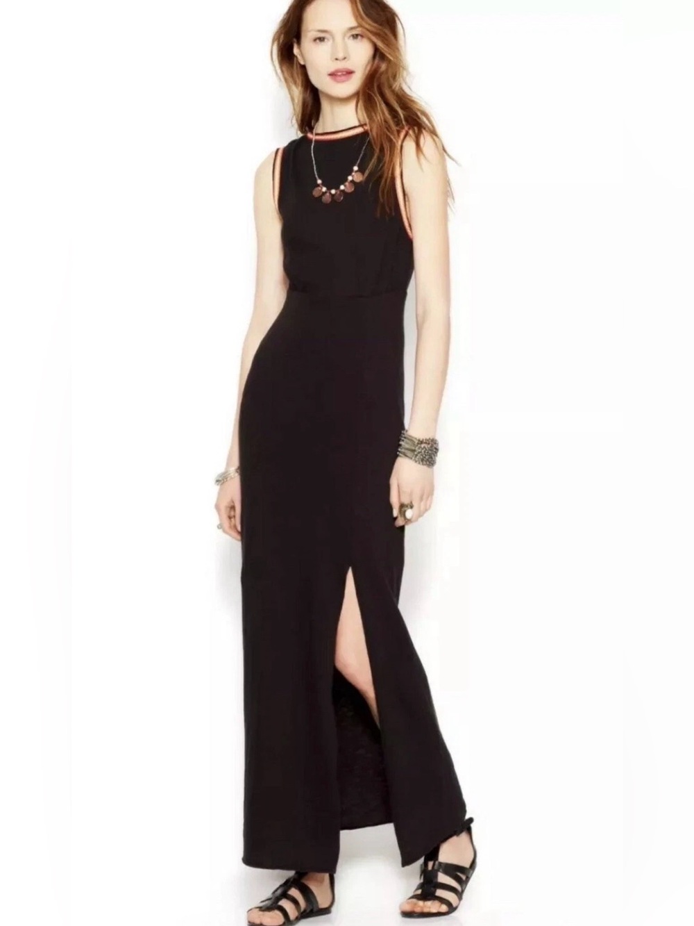 Free People Sabrina Sleeveless Black Maxi Dress with Orange Yellow White Trim
